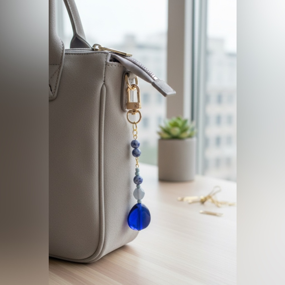 Deep Blue Sea Blue Sodalite & Gold Tone Designer Inspired Bag Charm Keychain - Picture 2 of 2